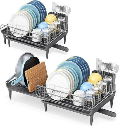 TOOLF Large Dish Drying Rack, Expandable Dish Rack for Kitchen Counter, Multifunctional Dish Drainer, Organization and Storage Essentials with Cup & Cutlery Holders, 16.7"-26.8" L x 12.6" W, Gray