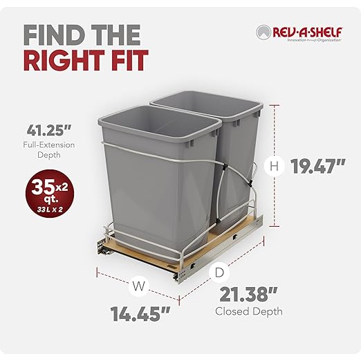 Rev-A-Shelf 35 Qt / 8.75 Gal Steel Bottom Mount Double Pullout Waste Container w/Soft-Close for Base Cabinets, Min Opening Width of 14.5", Silver, 54WC-1835SC-17-1