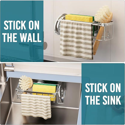 TAILI 4-in-1 Sponge Holder for Kitchen Sink with Strong Suction Cup Removable, Rustproof Stainless Steel Sink Caddy for Sponge, Brush, Scrubber, Scraper -Silver