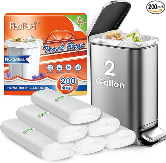 200 Counts 2 Gallon (1.8-2 Gal) Small Trash Bags Garbage Bags by RayPard, fit 1.6,1.8,2,2.2 Gal Waste Basket, 6.5-7 Liter Strong Trash Can Liners for Home Office Kitchen Bathroom Bedroom, Clear