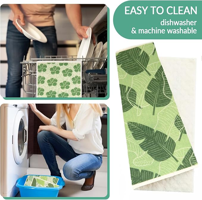 6 - Pack Swedish Kitchen Dish Cloths - Reusable Paper Towels for Counters & Dishes - Eco Friendly Cellulose Sponge Cloth (Botany)