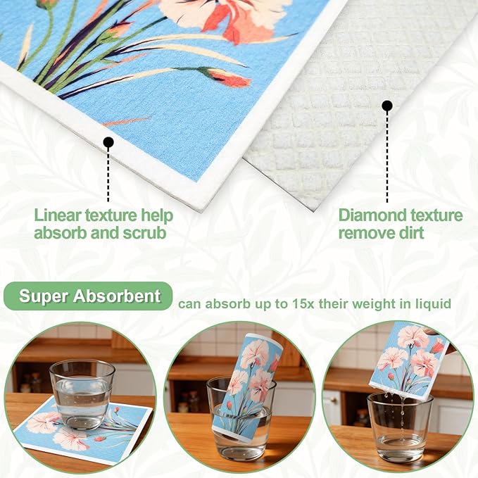 6 Pack Swedish Dishcloths for Kitchen, Reusable Absorbent Cleaning Cloths, Washable Quick-Drying Compostable Cleaning Rags for Home Housewarming Counter Wipes