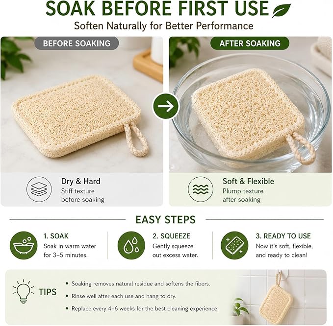 Natural Loofah Dish Scrubber Sponges, 6 Pack Large Plant-Based Kitchen Cleaning Pads, Compostable Non-Scratch Scouring Sponge for Dishes, Sink, Grout and Tile, 4.4 x 2.8 in