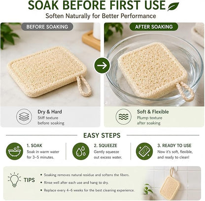 Natural Loofah Dish Scrubber Sponges, 6 Pack Large Plant-Based Kitchen Cleaning Pads, Compostable Non-Scratch Scouring Sponge for Dishes, Sink, Grout and Tile, 4.4 x 2.8 in