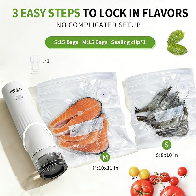 Xinyonxin Handheld Vacuum Sealer Machine with 30 Reusable Bags, Cordless Electric Food Preservation Pump for Meat and Sous Vide, USB Rechargeable Mini Sealing System for Kitchen