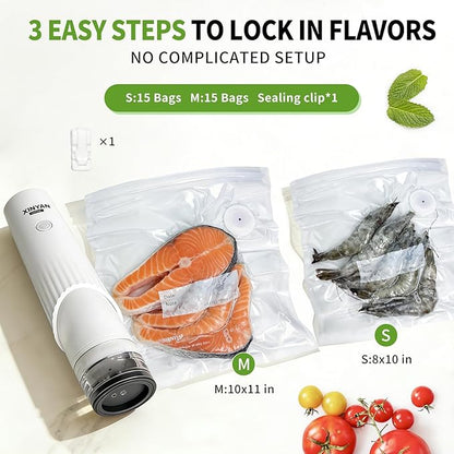 Xinyonxin Handheld Vacuum Sealer Machine with 30 Reusable Bags, Cordless Electric Food Preservation Pump for Meat and Sous Vide, USB Rechargeable Mini Sealing System for Kitchen