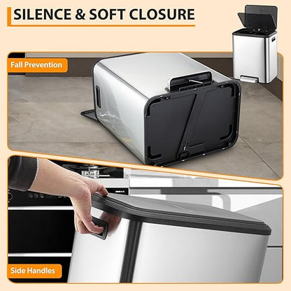 2 x 4 Gallon, Double Trash Can Kitchen for Recycling and Trash, 2 in 1 Garbage Bin, Touchless Motion, Recycle Bin Combo, Stainless Steel Dual Recycling Bins for Kitchens & Office