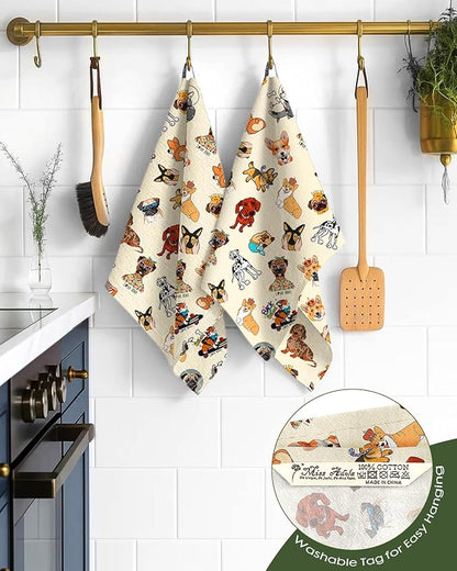 Miss Adola Flour Sack Kitchen Towels - Set of 2 Spring Dish Towels with Hanging Loop 18x26 Inch Absorbent Reusable Cotton Cloths for Cleaning Cute Design Home Decorative Housewarming, Dog Lovers