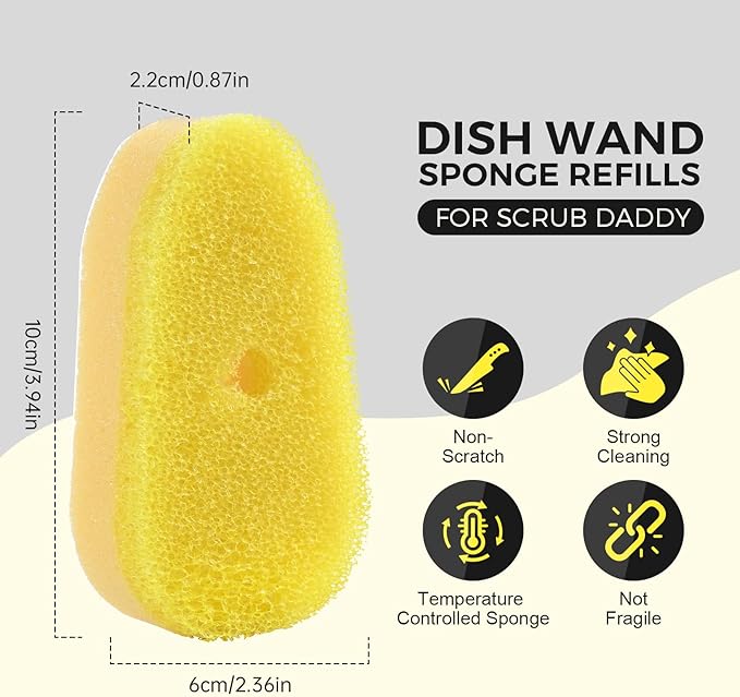 Sponge Refills for Scrub Daddy Dish Daddy - 10 Packs Dish Wand Refills, Scrub Brush Replacement Heads, Dish Brush Replacement Head for Kitchen Cleaning, Yellow (Only Sponge Heads)