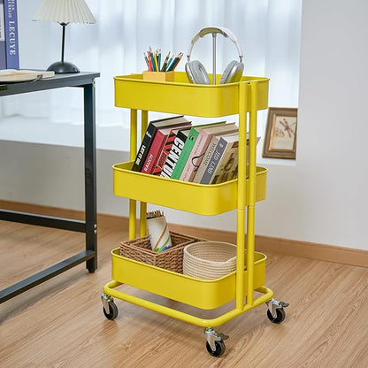 3 Tier Rolling Cart Metal Heavy Duty Utility Cart with Silent Caster Lockable Wheel Multi-Functional Organization Carts Storage Trolley with Mesh Shelves for Office Kitchen Living Room Yellow