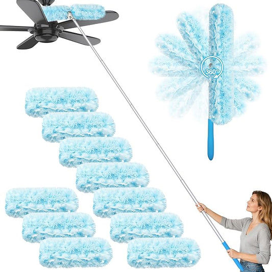 JEHONN Duster with 6 ft Extension Pole, 10 Refills Compatible with Swiffer Super Extendable Handle Heavy Duty Dusting Wand Starter Kit for Cleaning High Ceiling Fan Shelves Vent Window Blind