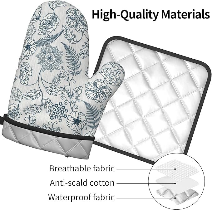 Blue Floral Oven Mitts Set – Vintage Pot Holders Kitchen Gloves for Women Teal Plant Kitchen Mitts Potholders Set of 2 for Cooking & Baking