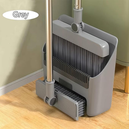 3in1 Broom and Dustpan Combo with Cleaning Teeth, Adjustable Long Handle, 180° Rotating Broom,Ideal for Pet Hair, Indoor Outdoor Heavy Duty Floor Sweeping (Gray)