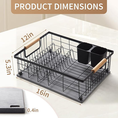 Dish Drying Rack with Stone Dish Drying Mat for Kitchen Counter, Dish Drainer with Diatomaceous Earth Quick Dry Mat, Organization and Storage Essentials with Cup & Cutlery Holders