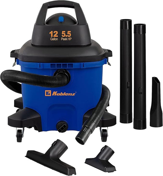 Koblenz WD-12 L4 Wet Dry Vacuum Cleaner, 12 Gallon 5.5 PHP, 3-in-1 Suction & Blower, 32 ft Reach, Drain Plug, Large Vacuum Cleaner for Car, Shop Vacuum Wet and Dry, Click-N-Lock Hose, Blue/Black