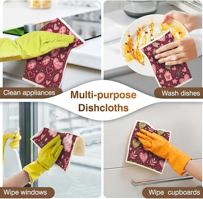 Swedish Dishcloths for Kitchen | 6 Pack Floral Reusable Paper Towels Washable | Swedish Dish Towels | Non-Scratch Cellulose Sponge Cloths | No Odor, Biodegradable Cleaning Cloths, Valentine's Day 1