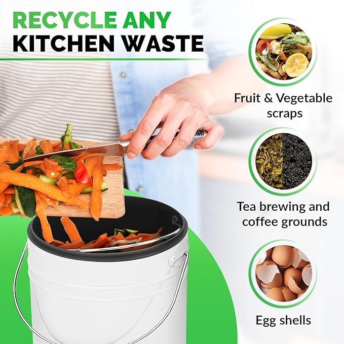 Plexon Kitchen Compost Bin with Lid, 1.3 Gallon Metal Countertop Compost Bucket Pail, Indoor Composter - White