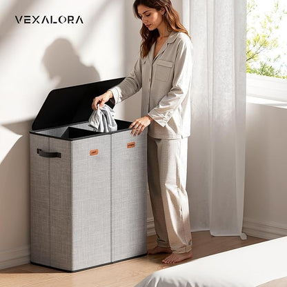 150L Double Laundry Hamper With Lid, Large Clothes Hampers with Removable Bag, Laundry Hamper 2 Section for Bathroom, Bedroom, Laundry Room, Dorm, Grey