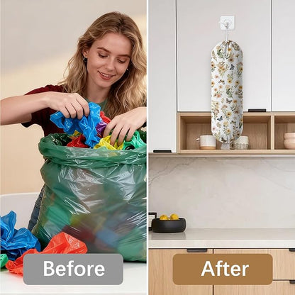 Plastic Bag Holder Butterfly Floral Bag Holder Dispenser, Plastic Grocery Bag Organizer & Wall Mount Paper Trash Bags Saver Storage for Kitchen Home Pantry Decor, Shopping Bags Storage Dispenser