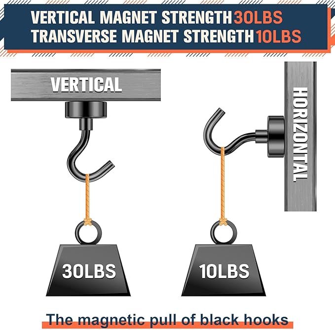 FINDMAG 10 Pack Black Magnetic Hooks, 30lbs Neodymium Magnet Hooks for Hanging, Strong Magnetic Hooks Magnet with Hooks for Home, Kitchen, Office, Warehouse, School