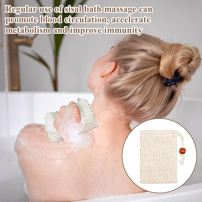 Soap Bag 10 Pcs Natural Sisal Soap Saver Bags Mesh Net Saver Pouch Exfoliating Foaming Drying Soaps Holder Handmade Bag with Drawstring for Bath Shower Massaging and Scrubbing
