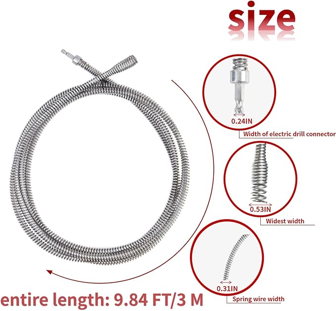 9.84 FT Drill Drain Snake,Sink Unclogging Tool That Can Be Connected To An Electric Drill, Hair Catcher Drain Snake,Drain Auger Drill Attachment,Drill Snake For Plumbing