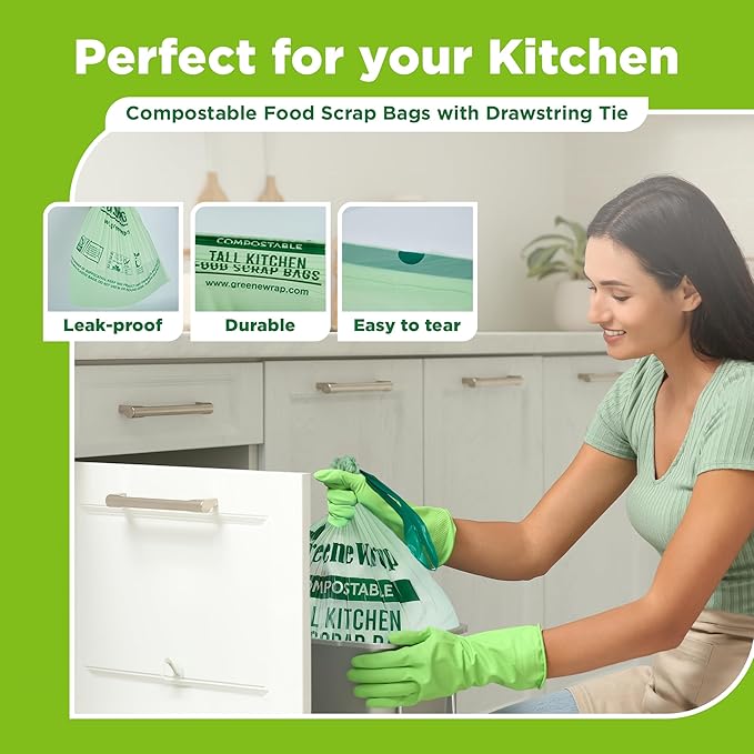 13 Gallon Compostable Trash Bags with Drawstring, 30 Count, 1 Mil, Tall Kitchen Food Scrap Compost Bags, BPI Certified, ASTM D6400, Compostable Garbage Bags, Unscented, 13 Gal