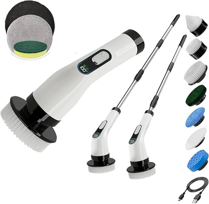 Electric Spin Scrubber for Cleaning, Cordless Power Scrubber with Long Handle, 10 Replaceable Brush Heads, 2-Speed, IPX7 Waterproof for Bathroom, Shower, Tub, Tile & Kitchen