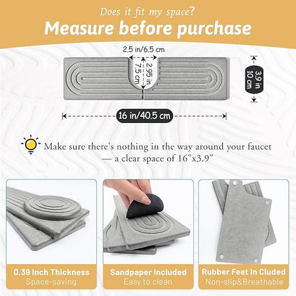 Diatomite Sink Faucet Splash Guard U Shape, 16" Large Stone Sink Tray, Mordern Faucet Handle Drip Catcher Stone, Durable Faucet Draining Mat Protector for Kitchen Bathroom Island Counter, Light Grey