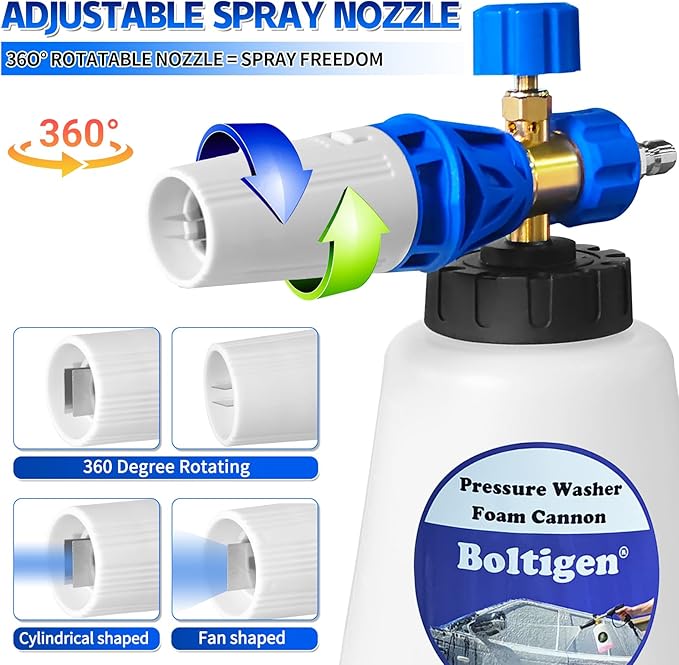 Pressure Washer Foam Cannon with Dual-Connector Tool, Pressure Washer Foam Lance Jet Wash Sprayer with M22-14 and 1/4 Inch Quick Connect, Adjustable Soap Dispenser, 1 Liter, 1/4 Double Tip Attachment