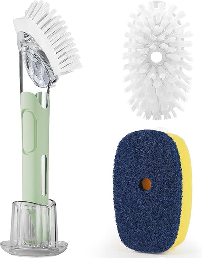 Dish Brush with Soap Dispenser Storage Set with 2 PCS Brush Refills & Holder, Dish Scrubber with Soap Dispenser, Dish Soap Brush, Dish Wand with Soap Dispenser for Dishes, Pans, Sink, Pots(Green)