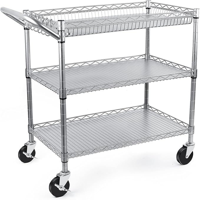 WDT Heavy Duty 3 Tier Utility Cart,Wire Rolling Carts with Wheels, Commercial Grade Service Cart with Shelving Liners and Handle Bar Metal Carts for Kitchen Office Hardware