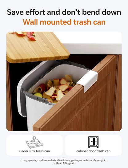 Wall Mounted Kitchen Compost Bin with Lid, Hanging Trash Can for Cabinet Door, White Plastic Food Scrap Bin for Kitchen Counter and Under Sink, 1.8 Gal