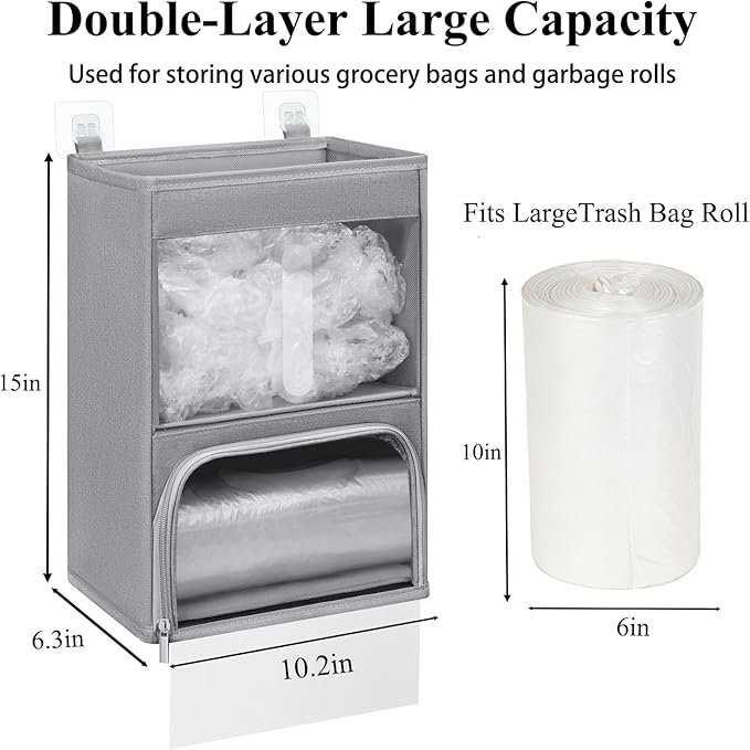 2-in-1 Plastic Bag Holder with Clear Window, Large Grocery Bag Holder and Trash Bag Dispenser with Easy-Access Openings, Plastic Bag Organizer for Kitchen RV Cabinet Wall Mounted (Gray)