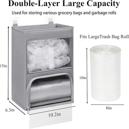 2-in-1 Plastic Bag Holder with Clear Window, Large Grocery Bag Holder and Trash Bag Dispenser with Easy-Access Openings, Plastic Bag Organizer for Kitchen RV Cabinet Wall Mounted (Gray)