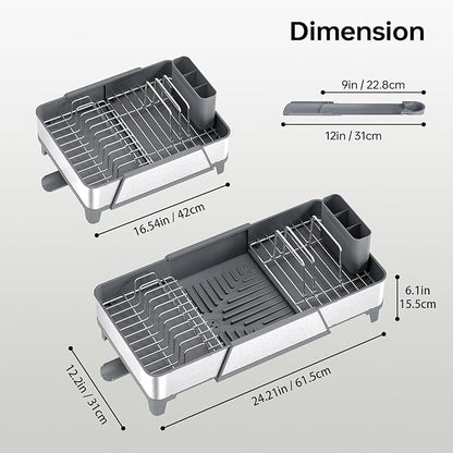 Urackify Large Dish Drying Rack - Triple Expandable Dish Rack for Kitchen Counter, Stainless Steel Sink Organization and Storage Essentials with Utensil & Pans Holder for Home and Appartment, Gray