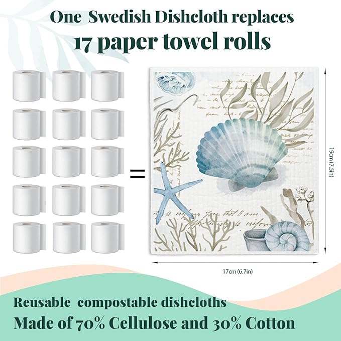 Beach Swedish Dishcloths for Kitchen, 4 Pack Watercolor Dish Towels for Kitchen, Blue Swedish Dish Cloths, Reusable Paper Towels Washable, Sponge Cloths