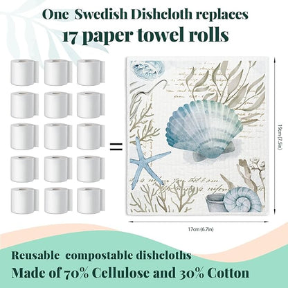 Beach Swedish Dishcloths for Kitchen, 4 Pack Watercolor Dish Towels for Kitchen, Blue Swedish Dish Cloths, Reusable Paper Towels Washable, Sponge Cloths