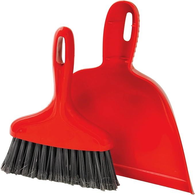 Whisk Broom and Dustpan Set, Red Handle with Black Bristles, Cleaning Combo