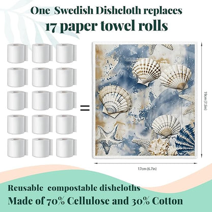 Beach Ocean Swedish Dishcloths for Kitchen, Shells Starfish Swedish Dish Cloths for Ocean, 4 Pack Dish Towels for Kitchen, Papaya Reusable Paper Towels Washable