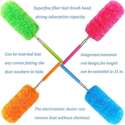 4 Pcs Washable Microfiber Feather Duster, with Extendable Pole and Bendable Head, Microfibre Cleaning Tool for Cleaning Office, Car, Computer, Furniture, Sofa, Blue,green,orange,red