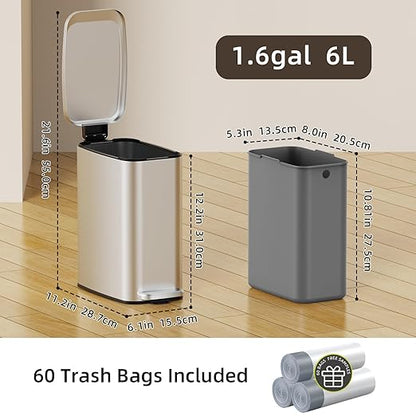 KSSKSS Small Bathroom Trash Can with Lid Soft Close, Step Pedal, 6L / 1.6 Gal Stainless Steel Garbage Bin with Removable Inner Bucket, Slim Wastebasket for Narrow Spaces (Silver)