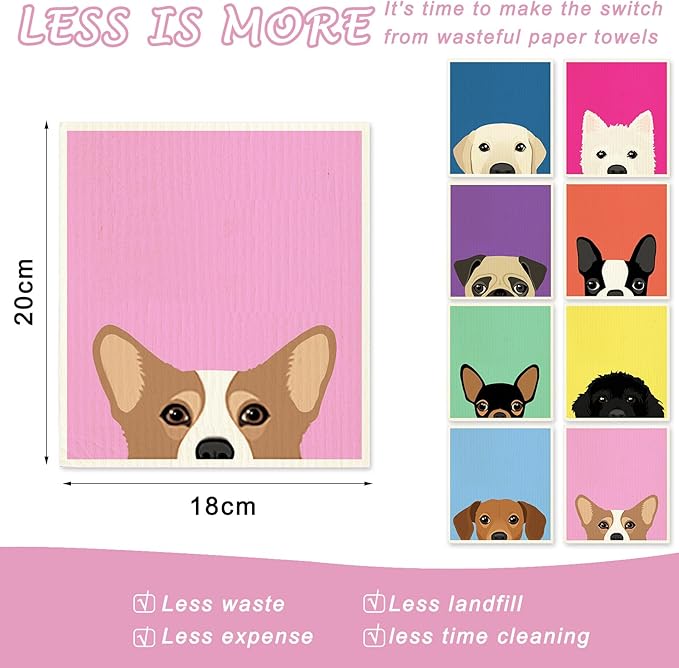 8 Packs Cute Dog Swedish Dishcloths Assorted Puppy Pattern Kitchen Towels Colorful Reusable Cotton Absorbent Dish Towels for Home Party Housewarming Cleaning, 7 x 8 Inch