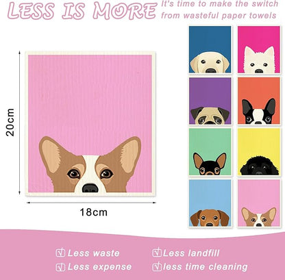 8 Packs Cute Dog Swedish Dishcloths Assorted Puppy Pattern Kitchen Towels Colorful Reusable Cotton Absorbent Dish Towels for Home Party Housewarming Cleaning, 7 x 8 Inch