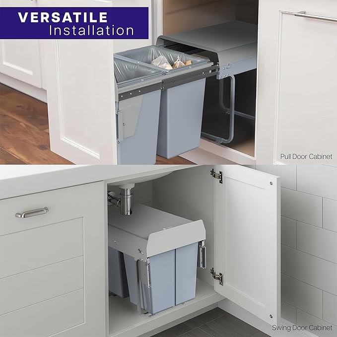Life Finds 40L Under Counter Pull-Out Dual Trash Can System, Double Recycling Trash Can with Lid for Cabinet, Sliding Kitchen Waste Bin, Gray, LF-POTC2