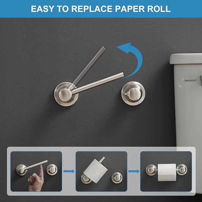RUMOSE Toilet Paper Holder and Hand Towel Ring Brushed Nickel Wall Mount Bathroom Hardware Accessories 2 PCS Set Flexible Pivoting Toilet Tissue Roll Holder and Towel Hanger, Stainless Steel