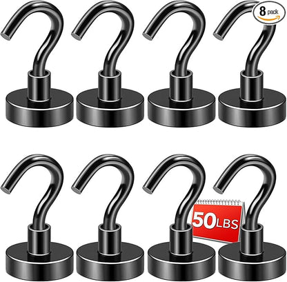 DIYMAG Black Magnetic Hooks, 50 LB Heavy Duty Strong Magnets with Hooks, Rare Earth Neodymium Magnetics Hooks for Cruise Cabins Cruise Ship Essentials 8 Packs