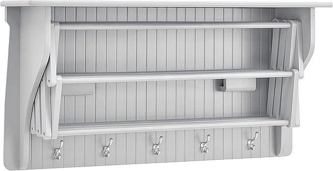 Danya B Accordion Clothes Drying Rack, Retractable, Wall Mounted Towel Rack and Hooks for Clothes and Towels for use in Laundry Room or Garage - White