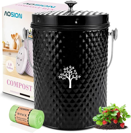 AOSION Countertop Compost Bin Kitchen，Odorless Indoor Compost Bin with Lid and 50 Pack Compost Bags,Compost Bucket Composter Container for Food Waste,Black