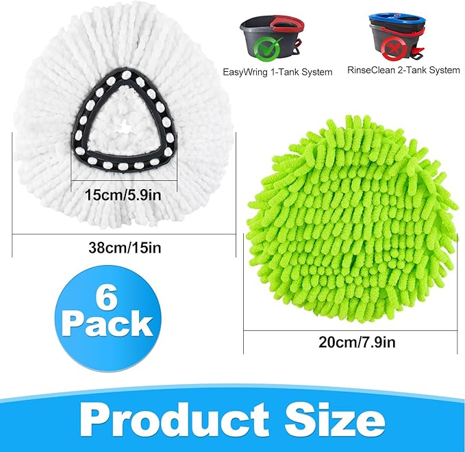 Mop Heads Replacements for Ocedar, Mop Replace Head for o Cedar Easywring 1 Tank, Spin Mop Replacement Head Include 3 Mop Refills Machine Washable Reusable Deep Cleaning and 3 Chenille Mop Pads